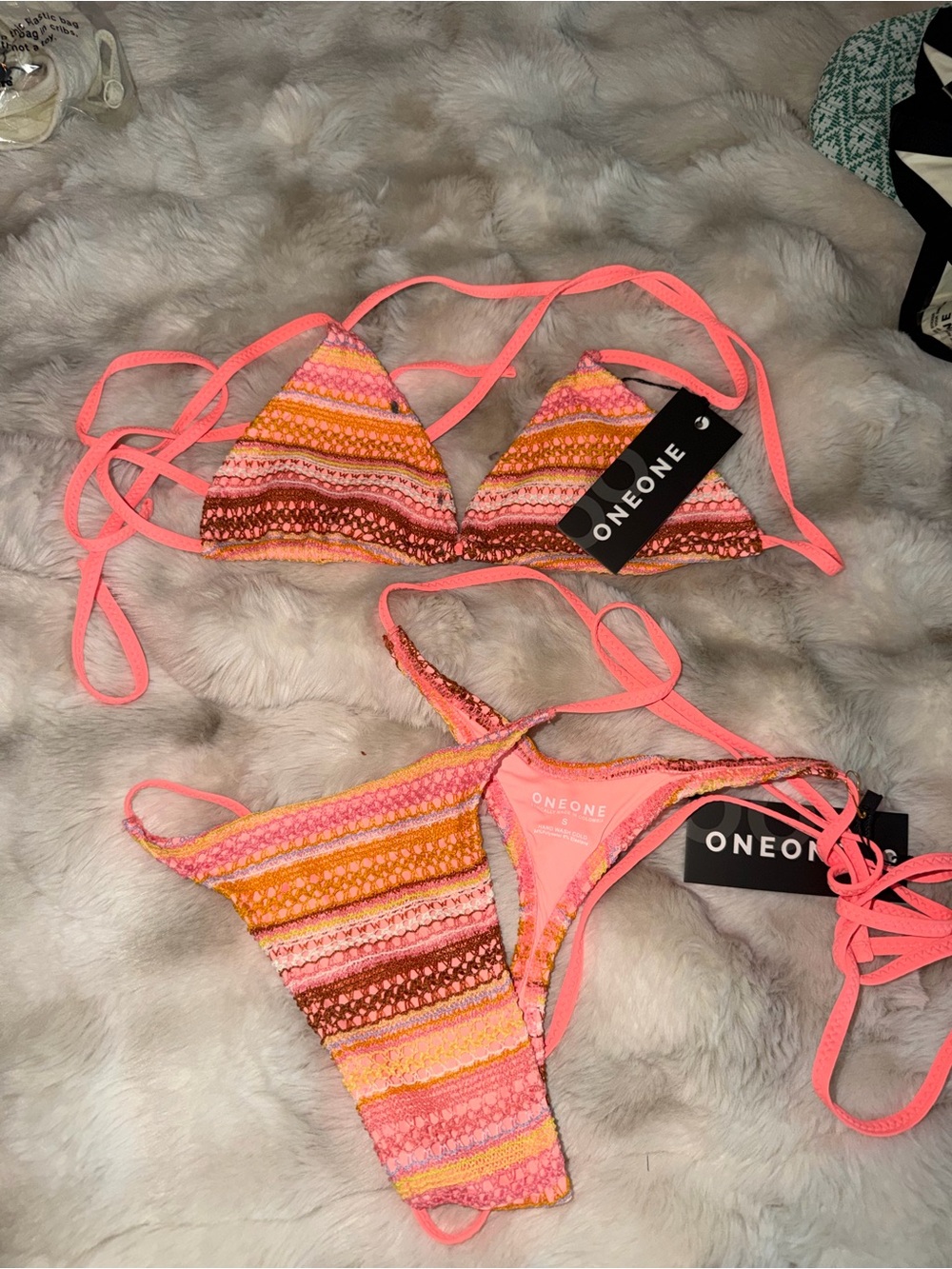 ONEONE Neon Pink & Multicolor Striped Crochet Bikini TOP M BOTTOM S